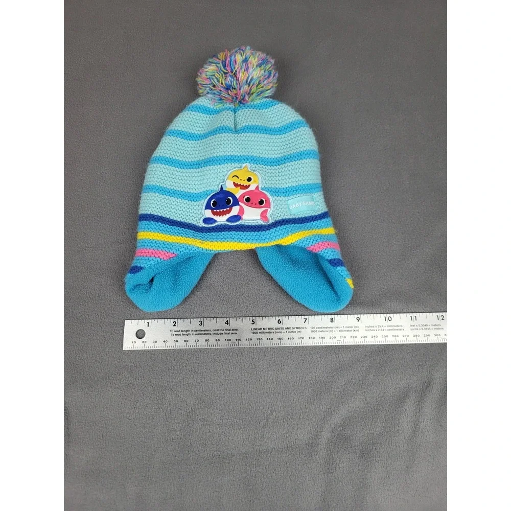Baby Shark Beanie Kids One Size Blue‎ Cap Hat Skull Cap Ear Flap Knit Cute Pom